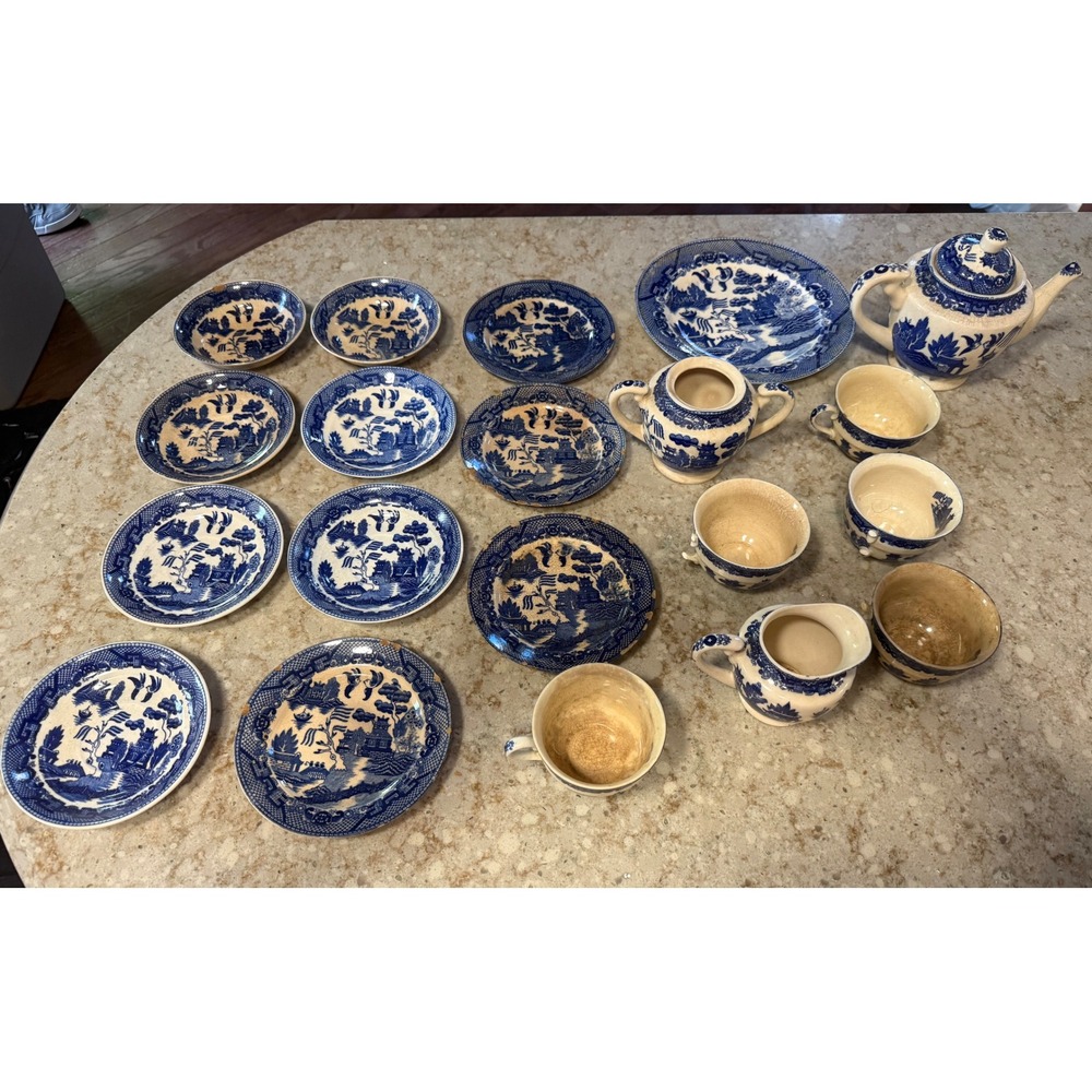 Vintage Blue‎ Willow Tea Set Occupied Japan Blue White Transferware 18pc As-Is